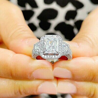 Pre-owned Charles & Colvard 14k White Gold Radiant Forever One Moissanite And Diamonds Engagement Rings 4.00