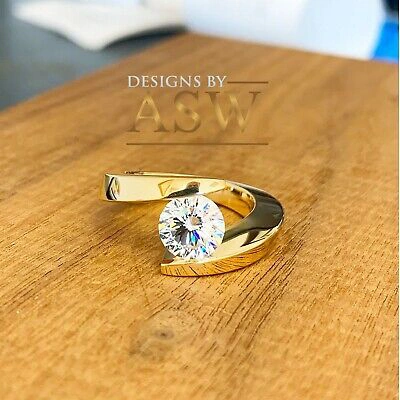 Pre-owned Asw 14k Solid Heavy Yellow Gold Round Moissanite Engagement Ring Tension Set 1.25ct