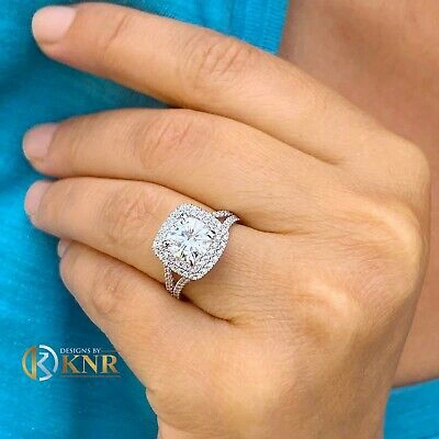 Pre-owned Knr Inc 14k White Gold Round Moissanite And Natural Diamond Engagement Ring Halo 3.00ctw