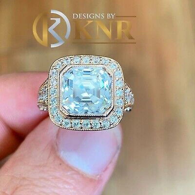 Pre-owned Knr 14k Solid Rose Gold Asscher Moissanite And Natural Diamond Engagement Ring 4.60 In Pink