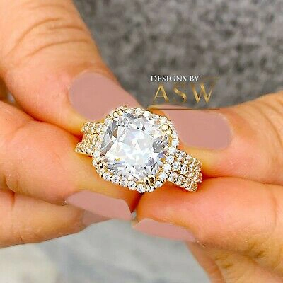 Pre-owned Asw 14k Solid Yellow Gold Cushion And Round Cut Engagement Ring And Two Bands 7.00ct