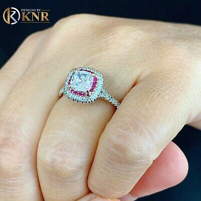 Pre-owned Knr Inc 14k White Gold Cushion Moissanite And Diamond And Ruby Engagement Ring 2.20ctw