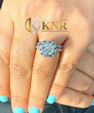 Pre-owned Knr Inc 14k White Gold Cushion Moissanite And Diamond Sapphire Engagement Ring Band 2.70