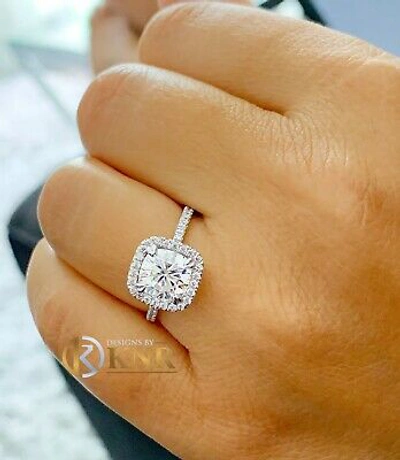 Pre-owned Knr Inc 14k White Gold Cushion Moissanite And Natural Diamond Engagement Ring Halo 2.20