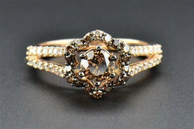 Pre-owned Jfl Diamonds & Timepieces Brown Solitaire Diamond Engagement Ring Star Halo Round Cut 14k Rose Gold .96 Ct In White / Brown