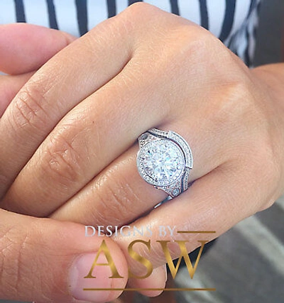 Pre-owned Asw 14k White Solid Gold Round Cut Moissanite Diamond Engagement Halo Ring 3.00ctw