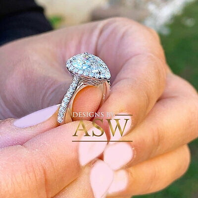 Pre-owned Asw 14k White Solid Gold Pear Forever Moissanite Diamond Engagement Halo Ring 2.50