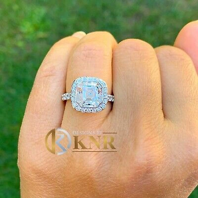 Pre-owned Charles & Colvard 14k White Gold Asscher Moissanite And Natural Diamond Engagement Ring 4.00ct