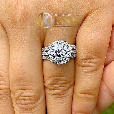 Pre-owned Knr Inc Women's 14k White Gold Round Cut Moissanite Diamond Engagement Ring Halo 3.80ct