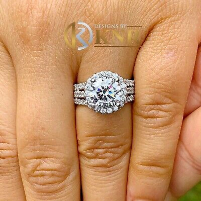 Pre-owned Knr Inc 14k Solid White Gold Round Cut Moissanite Engagement Ring Halo Prong Set 3.80ctw