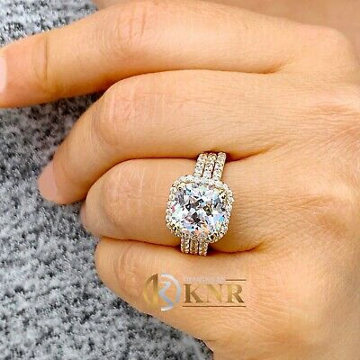 Pre-owned Knr 14k Yellow Gold Cushion Moissanite Natural Diamond Engagement Ring Bands 6.80ctw In White