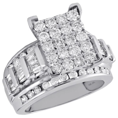Pre-owned Jfl Diamonds & Timepieces 10k White Gold Round & Baguette Diamond Rectangle Cluster Engagement Ring 2 Ct.