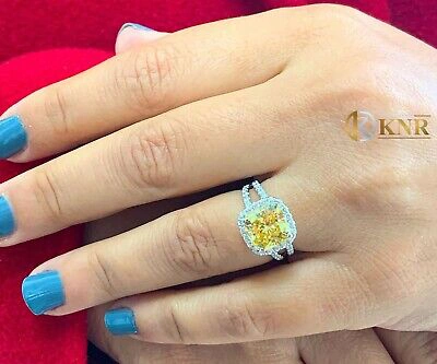 Pre-owned Knr 14k Yellow Gold Cushion Fancy Yellow And Natural Diamonds Engagement Ring 4.70