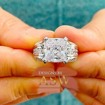 Pre-owned Asw 14k White Gold Cushion Moissanite And Natural Diamond Engagement Ring 6.50ctw