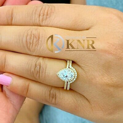 Pre-owned Knr Inc 14k Yellow Gold Pear Moissanite And Natural Diamonds Engagement Ring Halo 2.00ct