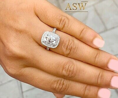 Pre-owned Asw 14k Solid White Gold Cushion Moissanite And Natural Diamonds Engagement Ring 4.0