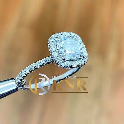 Pre-owned Knr 14k White Gold Cushion Cut Moissanite And Natural Diamond Engagement Ring 2.70ct