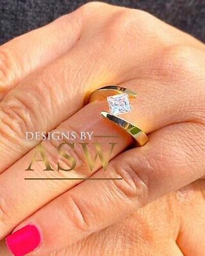 Pre-owned Asw 14k Yellow Gold Princess Tension Set Natural Diamond Engagement Ring Bridal 0.75 In White