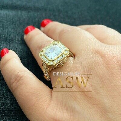 Pre-owned Asw 14k Solid Yellow Gold Asscher Simulated Diamond Bezel Engagement Ring 4.60ctw In White