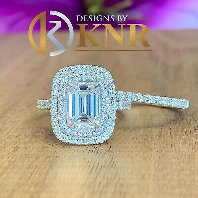 Pre-owned Knr 14k White Gold Emerald Moissanite Diamond Engagement Ring Band Double Halo 2.75