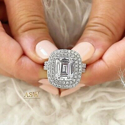 Pre-owned Asw 14k Solid White Gold Emerald Moissanite And Diamond Engagement Ring Bands 6.30ct