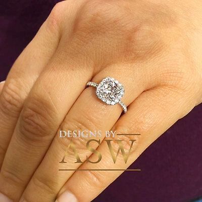 Pre-owned Asw 14k White Solid Gold Cushion Cut Moissanite Diamond Engagement Halo Ring 2.20ct