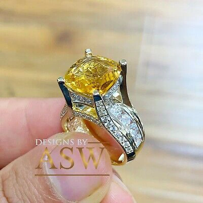 Pre-owned Asw 14k Yellow Gold Cushion Yellow Citrine Round Cut Natural Diamond Ring 4.80ctw