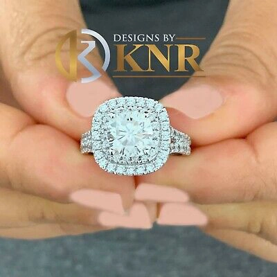 Pre-owned Knr Inc 14k White Gold Cushion Moissanite And Natural Diamond Engagement Ring Halo 2.80