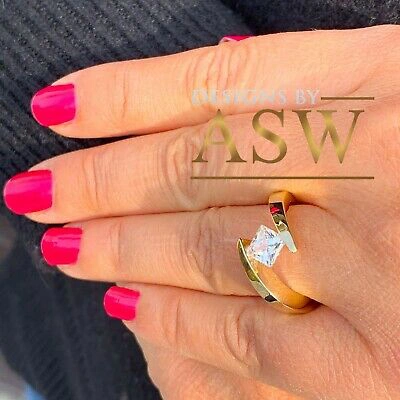 Pre-owned Asw 14k Yellow Gold Princess Cut Moissanite And Diamond Engagement Ring Tension 1.00