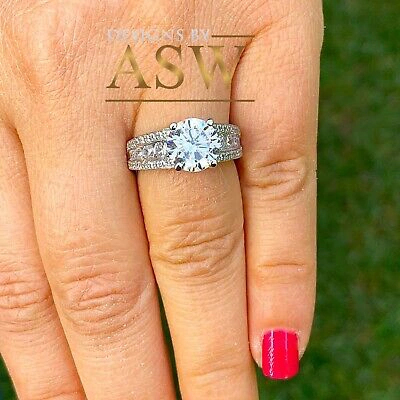 Pre-owned Asw Huge 14k Solid White Gold Round Cut Moissanite Diamond Engagement Ring 3.50ctw