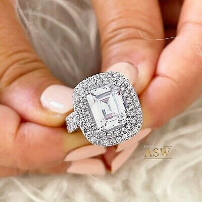 Pre-owned Asw 14k Solid White Gold Emerald And Round Cut Engagement Ring And Band Halo 5.50ct