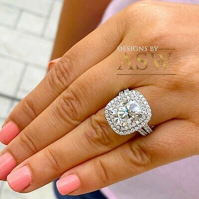 Pre-owned Asw 14k Solid White Gold Cushion Moissanite And Diamond Engagement Ring Bands 5.50ct