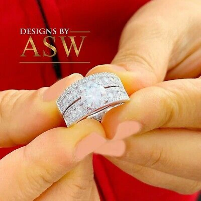 Pre-owned Asw 14k Solid Heavy White Gold Round Cut Engagement Ring And Band Bridal Set 3.50ct