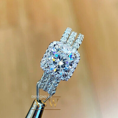 Pre-owned Asw 14k White Solid Gold Cushion Moissanite Diamond Engagement Ring And Bands 3.70ct