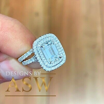 Pre-owned Asw 14k Solid White Gold Emerald Moissanite Diamond Engagement Ring Double Halo 2.75