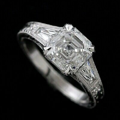 Pre-owned Ppluxury Platinum Unique Art Deco Style Engagement Ring Asscher Cut Hand Engraved Mountin