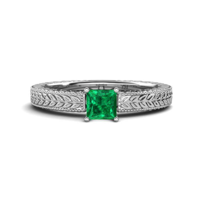 Pre-owned Trijewels Emerald Engraved Solitaire Ring With Milgrain Work 0.85 Ct In 14k Gold Jp:81042 In Green