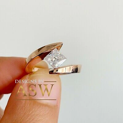 Pre-owned Asw 14k Rose Gold Princess Cut Moissanite And Diamond Engagement Ring Tension 1.00 In Pink