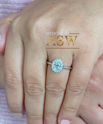 Pre-owned Asw 14k Solid White Gold Oval And Round Cut Natural Diamond Engagement Ring 1.20ct