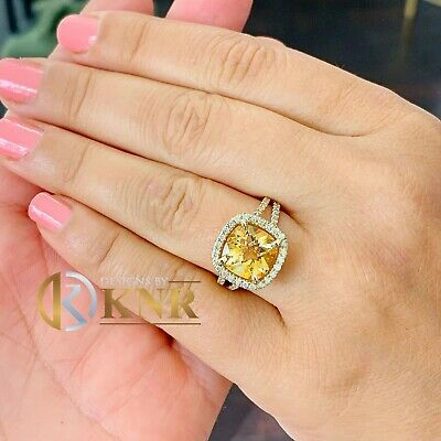 Pre-owned Asw 14k Yellow Gold Cushion Yellow Citrine Round Cut Diamond Ring Split Band 4.80ctw