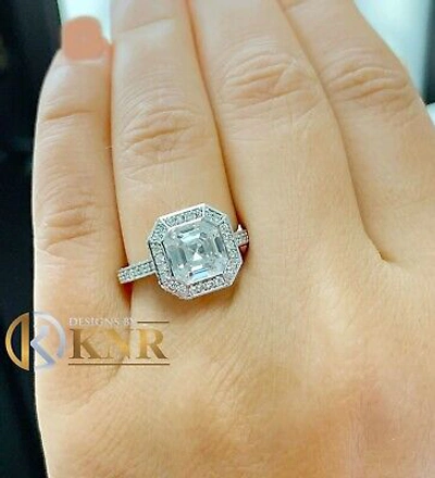 Pre-owned Charles & Colvard 14k White Gold Asscher Forever One Moissanite And Diamond Engagement Ring 4.05ct