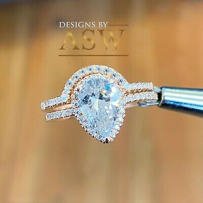 Pre-owned Asw 14k Rose Gold Pear Shape Moissanite Diamond Engagement Ring And Band Halo 2.00ct In Pink