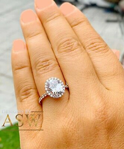 Pre-owned Asw 14k Rose Gold Oval Cut Moissanite And Natural Diamond Engagement Ring Halo 3.70 In White