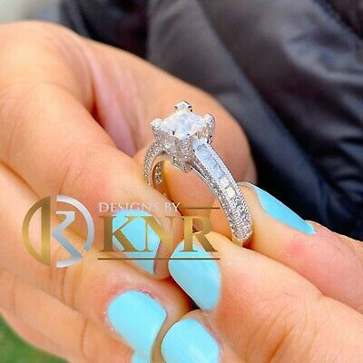 Pre-owned Knr 14k White Gold Princess Moissanite And Natural Diamond Engagement Ring 1.80ct