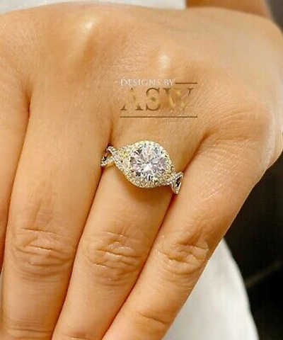 Pre-owned Asw 14k White And Yellow Gold Round Cut Moissanite Diamond Engagement Ring 2.00ctw