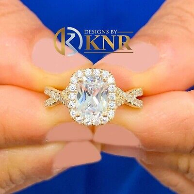 Pre-owned Charles & Colvard 14k Yellow Gold Cushion Moissanite And Natural Diamond Engagement Rings 2.40ctw