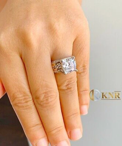 Pre-owned Knr 14k White Gold Cushion Moissanite And Natural Diamonds Engagement Ring 6.50ctw
