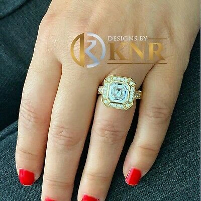 Pre-owned Knr 14k Yellow Gold Asscher Moissanite And Natural Diamond Engagement Ring 4.60ctw