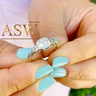 Pre-owned Asw 14k White Gold Asscher Forever One Moissanite And Diamond Engagement Ring 1.40ct