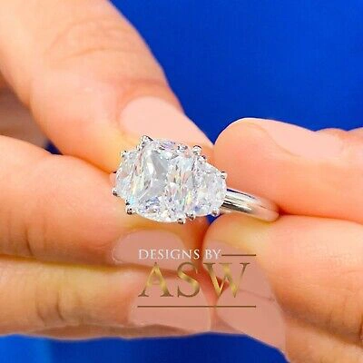 Pre-owned Asw 14k Solid White Gold Cushion And Half Moon Moissanite Engagement Ring 3.00ctw